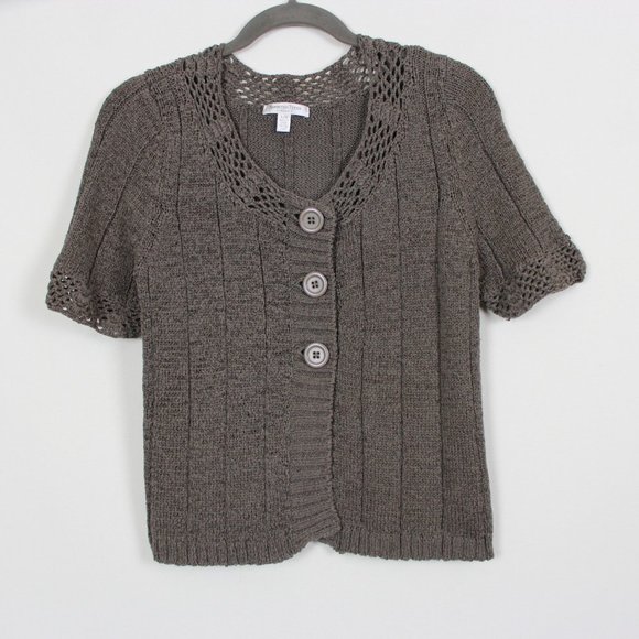 Conrad C Portion Petite Taupe Short Sleeve Knit Cardigan - Picture 12 of 12